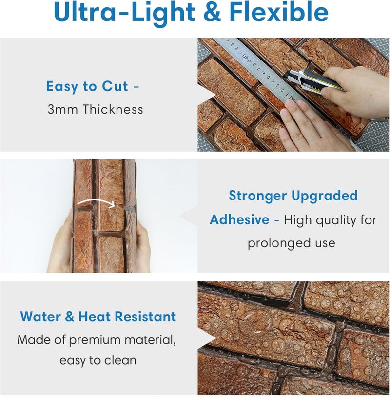 COMSTICKC 3D Reddish Brown Brick Wall Panels Peel and Stick Tiles,10 Pcs of 12"X12",Small Size Thin PVC Fake Brick Self Adhesive Wall Covering Backsplash Interior Decor - Image 5